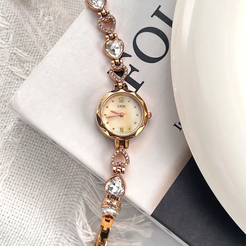 Gold Vintage Heart Watch for Women with Rhinestone Light