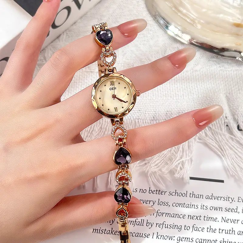 Gold Vintage Heart Watch for Women with Rhinestone Light
