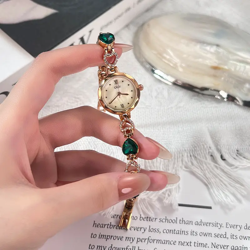 Gold Vintage Heart Watch for Women with Rhinestone Light