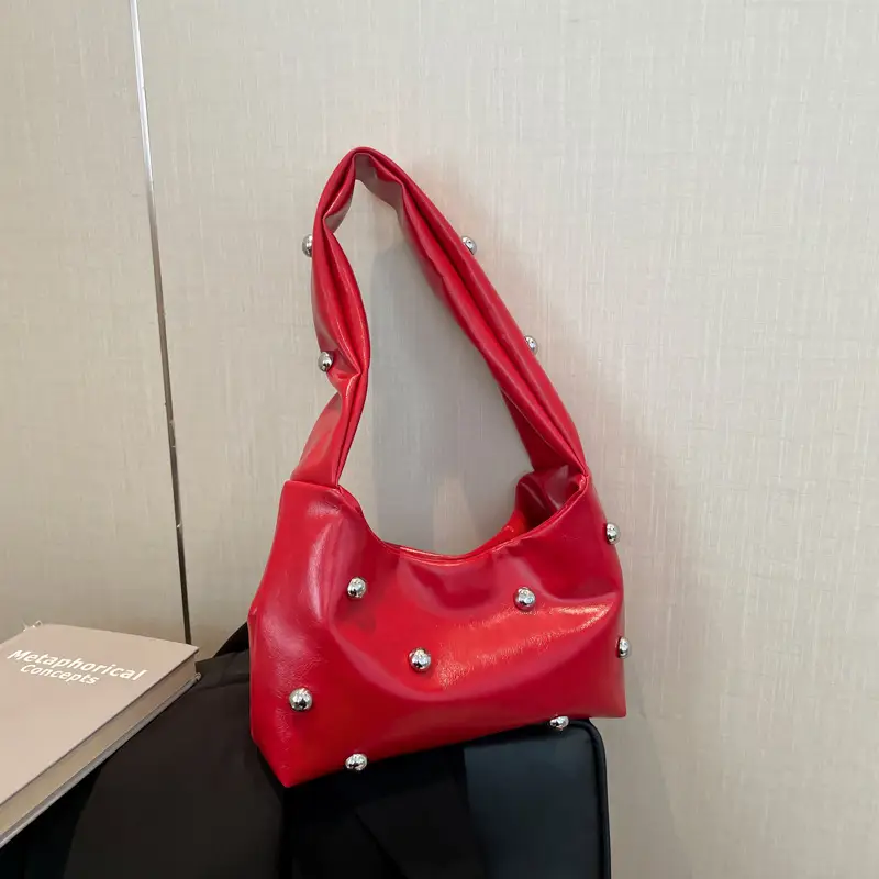 2025 Rivet Ball Handbag Women Red Black White - Image 7