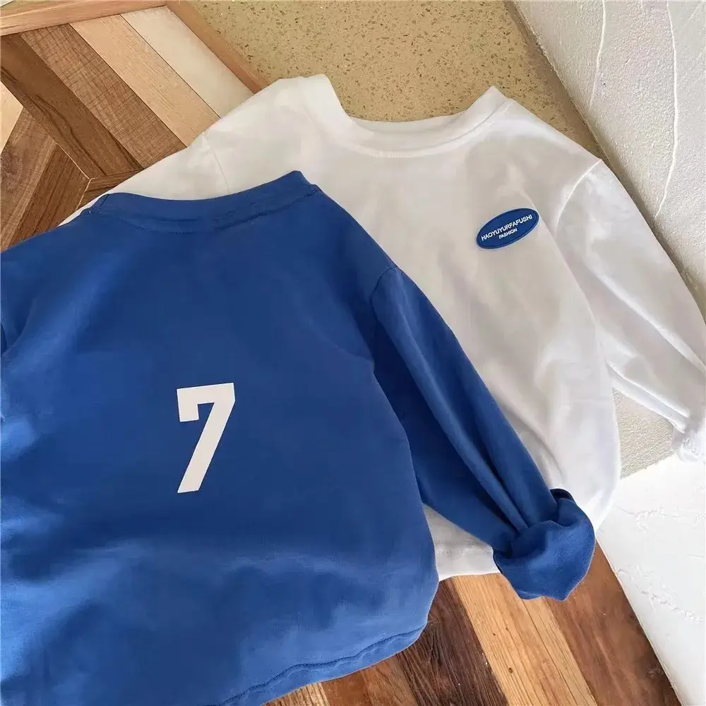2025 Spring Boys Long Sleeve T-Shirt White Blue 7