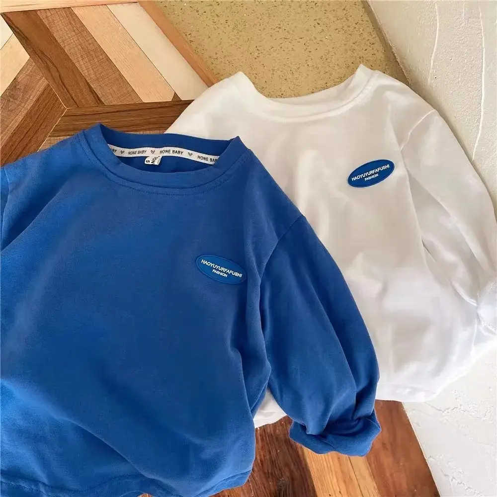 2025 Spring Boys Long Sleeve T-Shirt White Blue 7