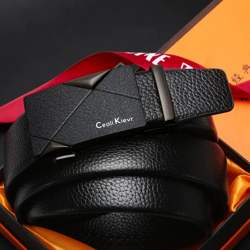 Men's Black Automatic Buckle Belt with Edge Litchi Pattern - Image 5