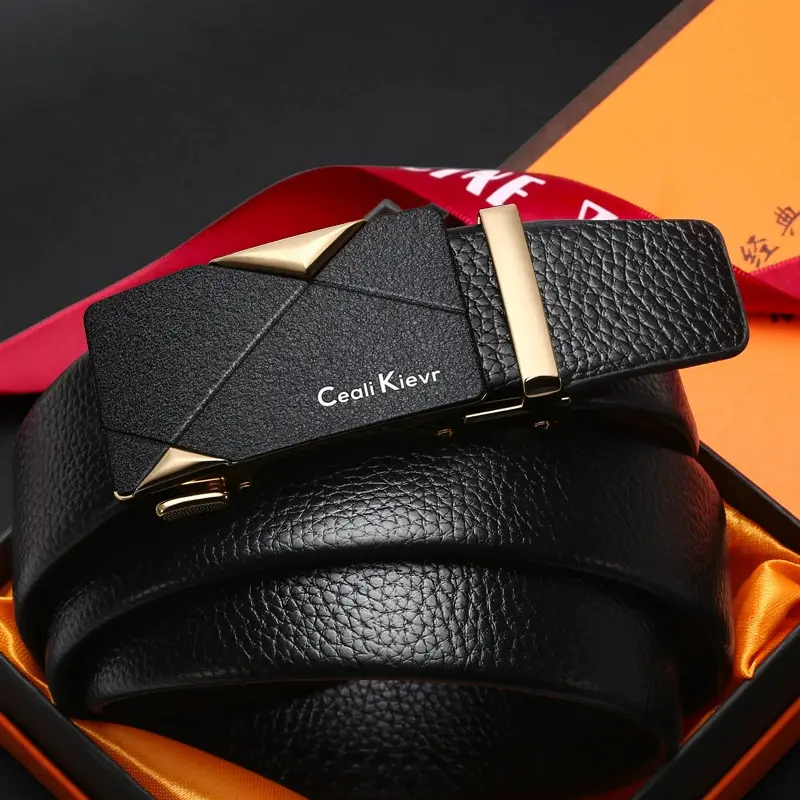 Men's Black Automatic Buckle Belt with Edge Litchi Pattern - Image 7