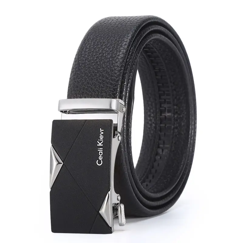 Men's Black Automatic Buckle Belt with Edge Litchi Pattern - Image 8