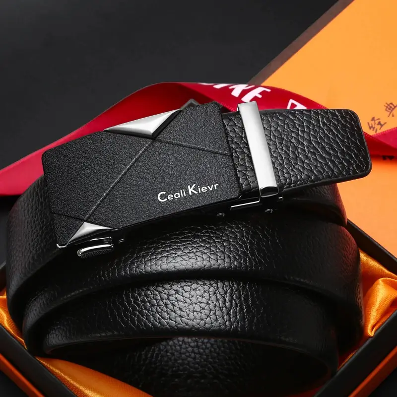 Men's Black Automatic Buckle Belt with Edge Litchi Pattern - Image 3