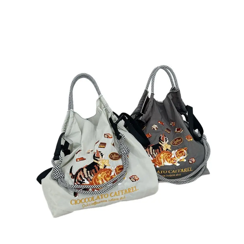 Cartoon Cat Embroidered Waterproof Nylon Tote Bag
