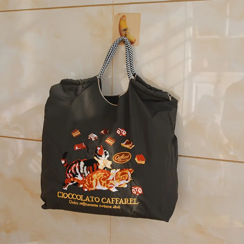 Cartoon Cat Embroidered Waterproof Nylon Tote Bag