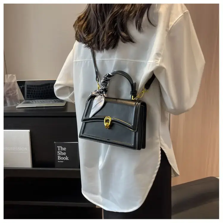 Women's White Square Shoulder Bag with Gold Clasp — feature 14