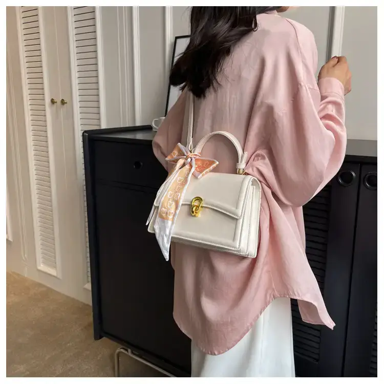 Women's White Square Shoulder Bag with Gold Clasp — feature 42