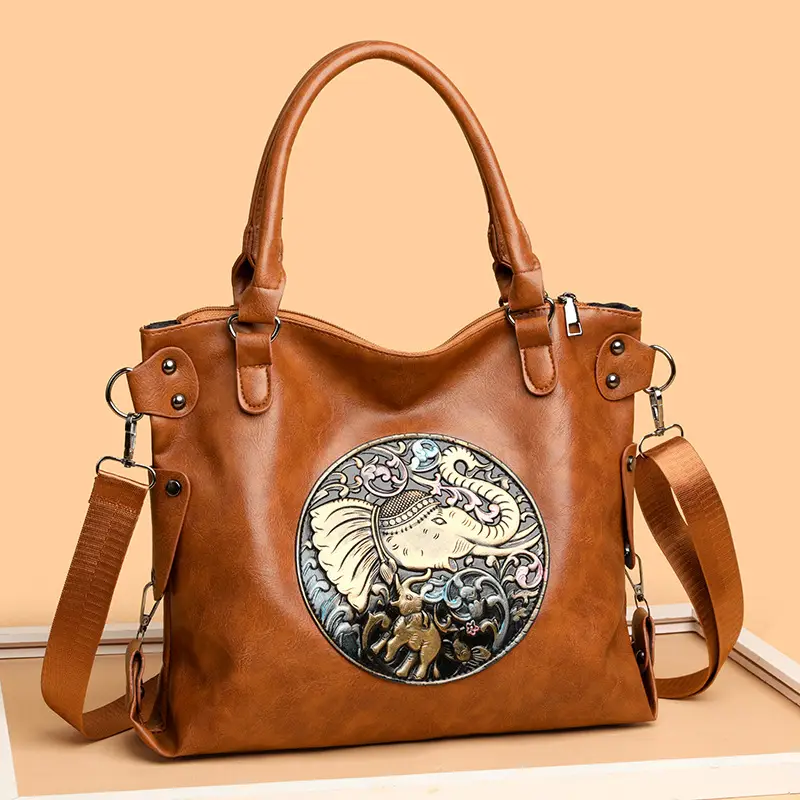 Women's Brown Embroidered Shoulder Bag with Elephant Design - Image 3