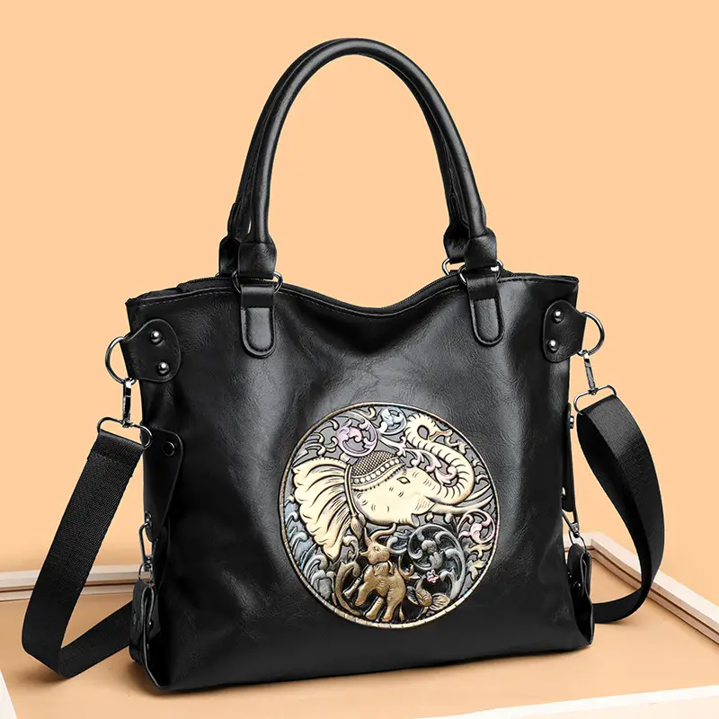 Women's Brown Embroidered Shoulder Bag with Elephant Design - Image 4