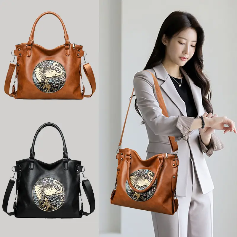 Women's Brown Embroidered Shoulder Bag with Elephant Design - Image 5