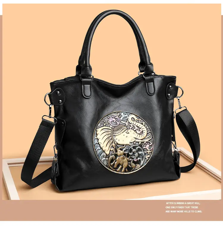 Women's Brown Embroidered Shoulder Bag with Elephant Design — feature 12