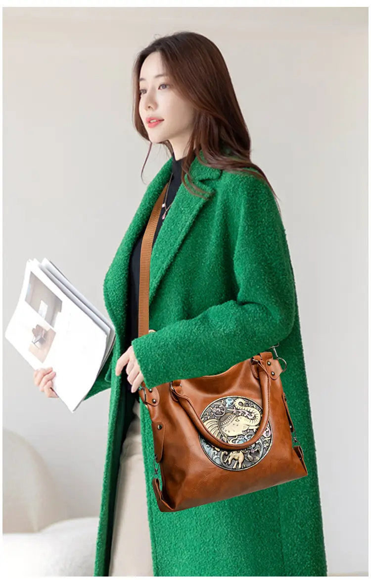 Women's Brown Embroidered Shoulder Bag with Elephant Design — feature 15