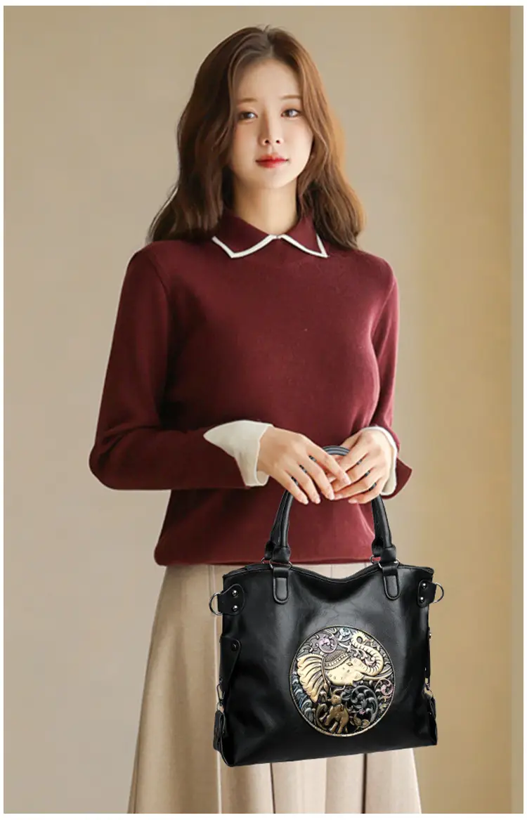 Women's Brown Embroidered Shoulder Bag with Elephant Design — feature 17