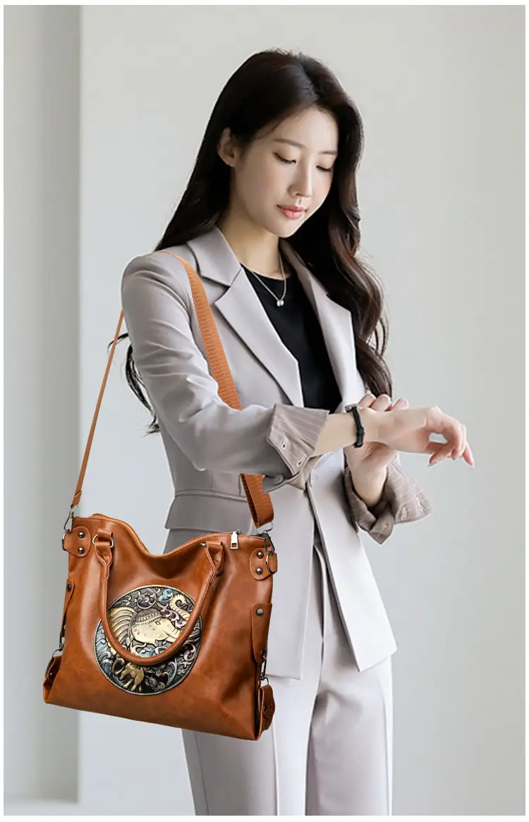 Women's Brown Embroidered Shoulder Bag with Elephant Design — feature 18