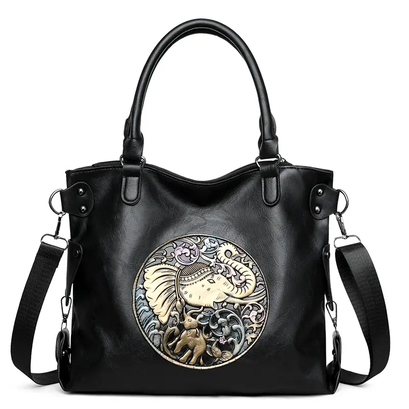 Women's Brown Embroidered Shoulder Bag with Elephant Design - Image 2