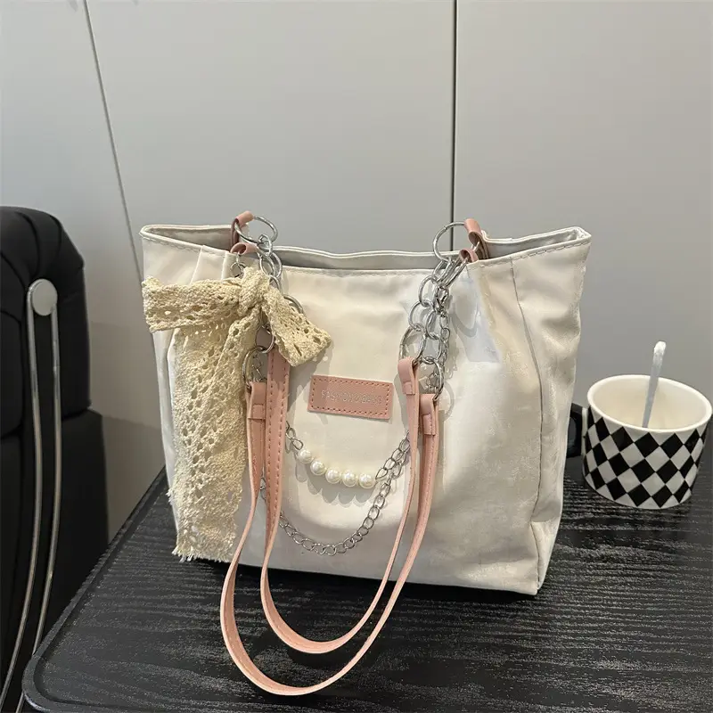 Women's Cream Lace Shoulder Bag with Pearl Chain - Image 2