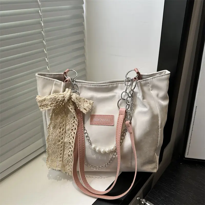 Women's Cream Lace Shoulder Bag with Pearl Chain - Image 3