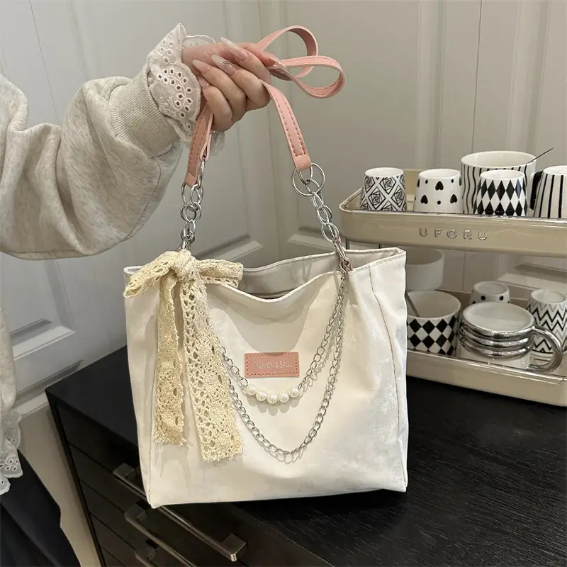 Women's Cream Lace Shoulder Bag with Pearl Chain - Image 4