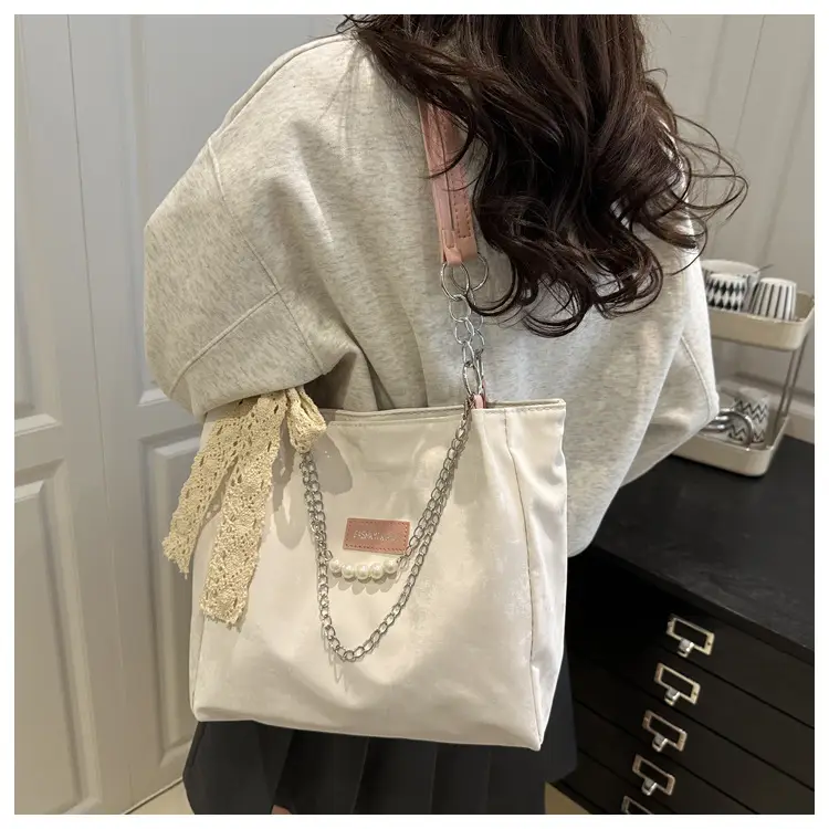 Women's Cream Lace Shoulder Bag with Pearl Chain — feature 10