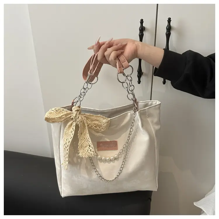 Women's Cream Lace Shoulder Bag with Pearl Chain — feature 16