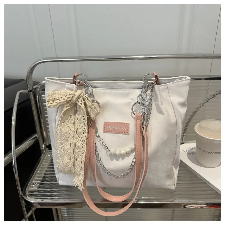 Women's Cream Lace Shoulder Bag with Pearl Chain — feature 18
