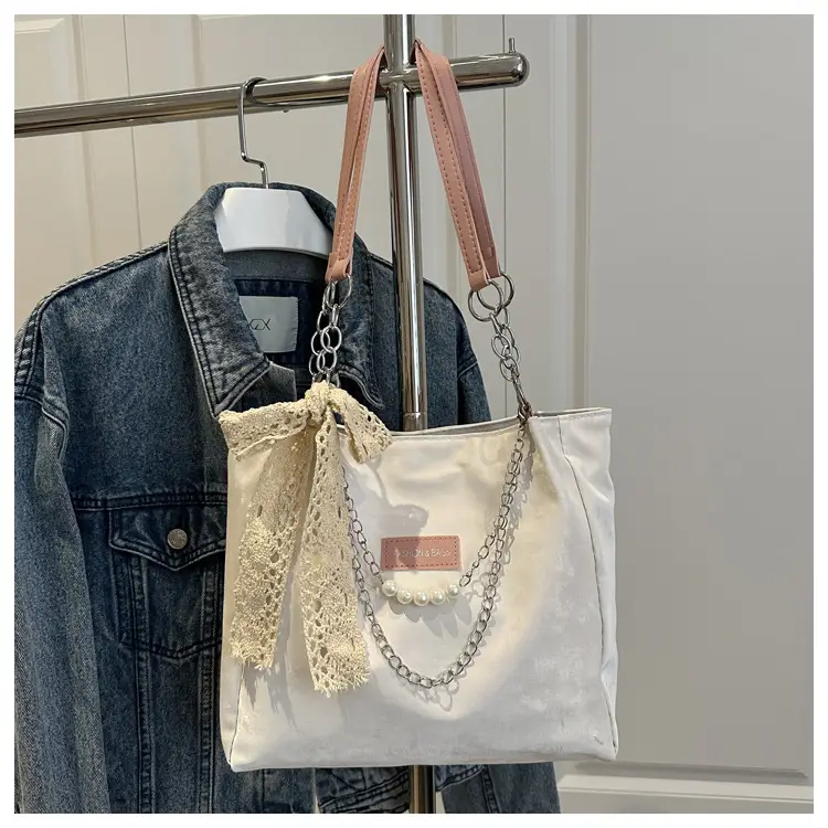 Women's Cream Lace Shoulder Bag with Pearl Chain — feature 20