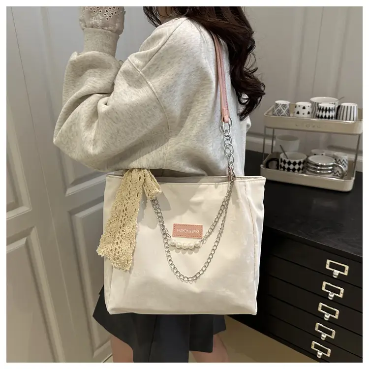 Women's Cream Lace Shoulder Bag with Pearl Chain — feature 9