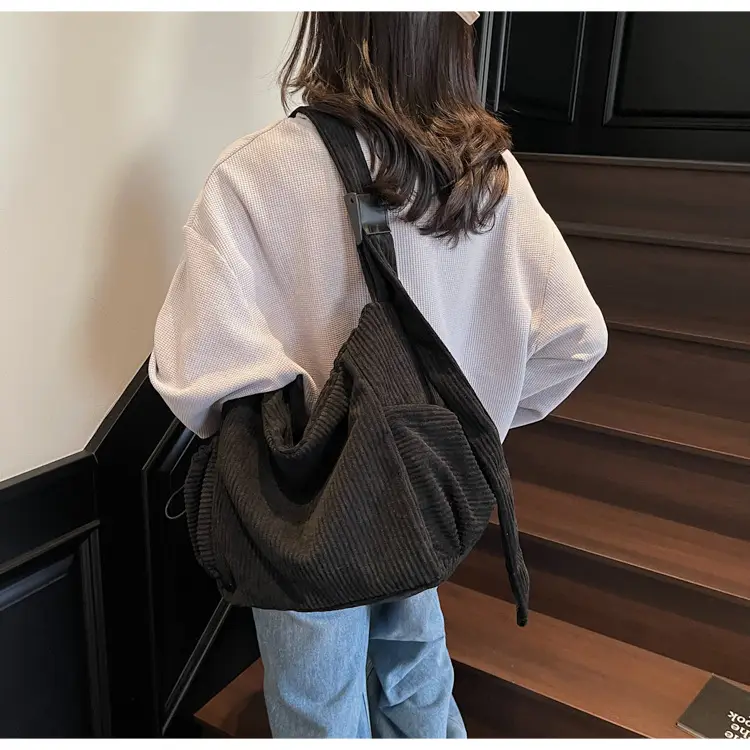 Black Lazy Underarm Tote Bag for Women New Corduroy Commuter Shoulder Crossbody — feature 25