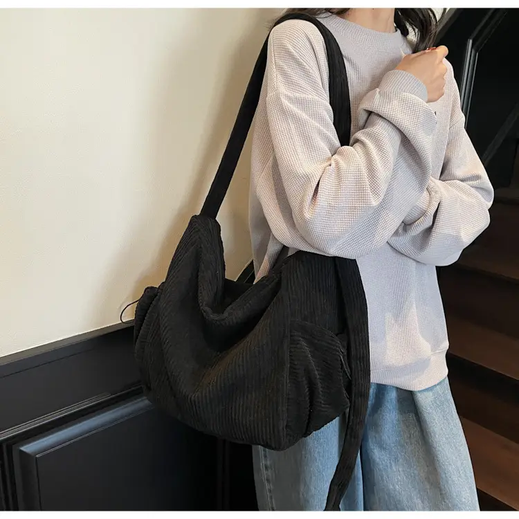 Black Lazy Underarm Tote Bag for Women New Corduroy Commuter Shoulder Crossbody — feature 32