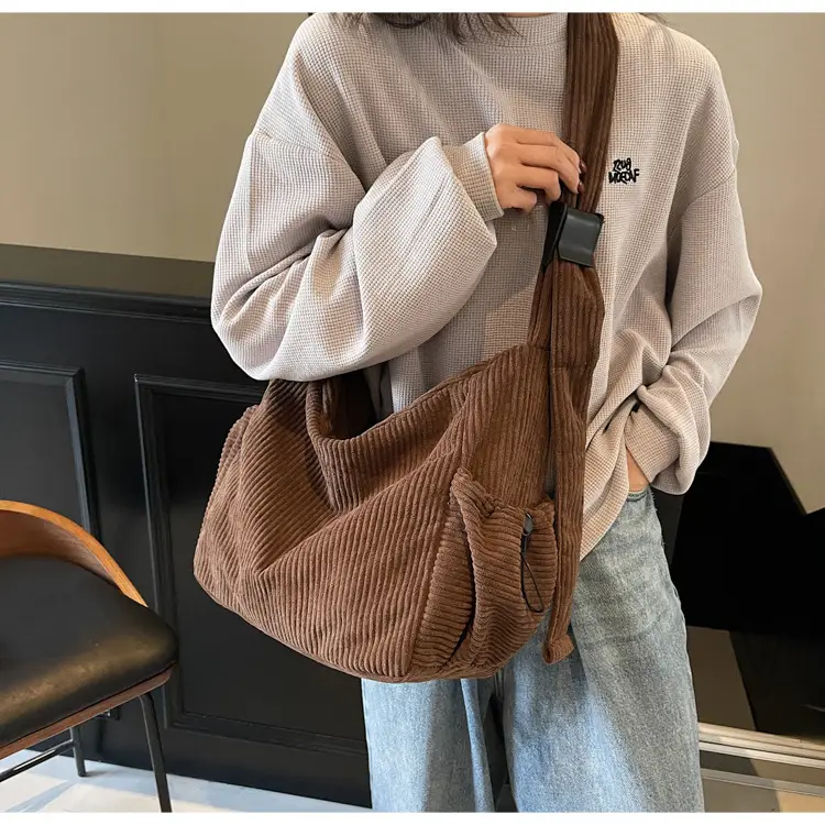 Black Lazy Underarm Tote Bag for Women New Corduroy Commuter Shoulder Crossbody — feature 40