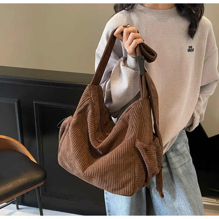 Black Lazy Underarm Tote Bag for Women New Corduroy Commuter Shoulder Crossbody — feature 41