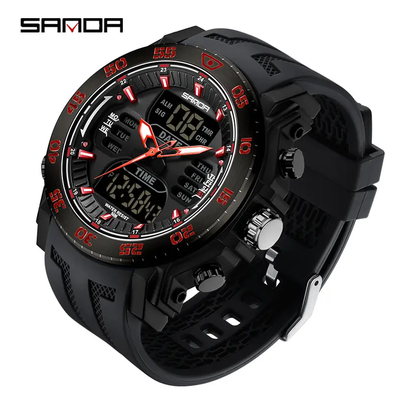 Sanda Multifunctional Electronic Watch Black Red Sport Waterproof - Image 4