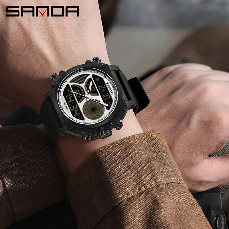 Sanda Dual-Display Waterproof Men's Watch Blue Green Black White Black Full Black