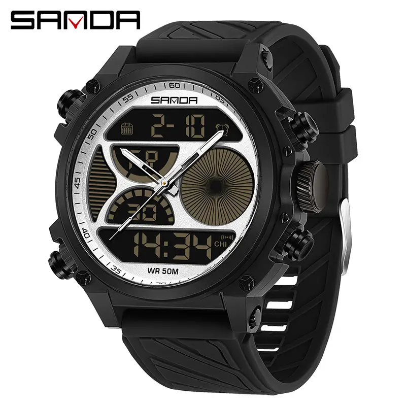 Sanda Dual-Display Waterproof Men's Watch Blue Green Black White Black Full Black