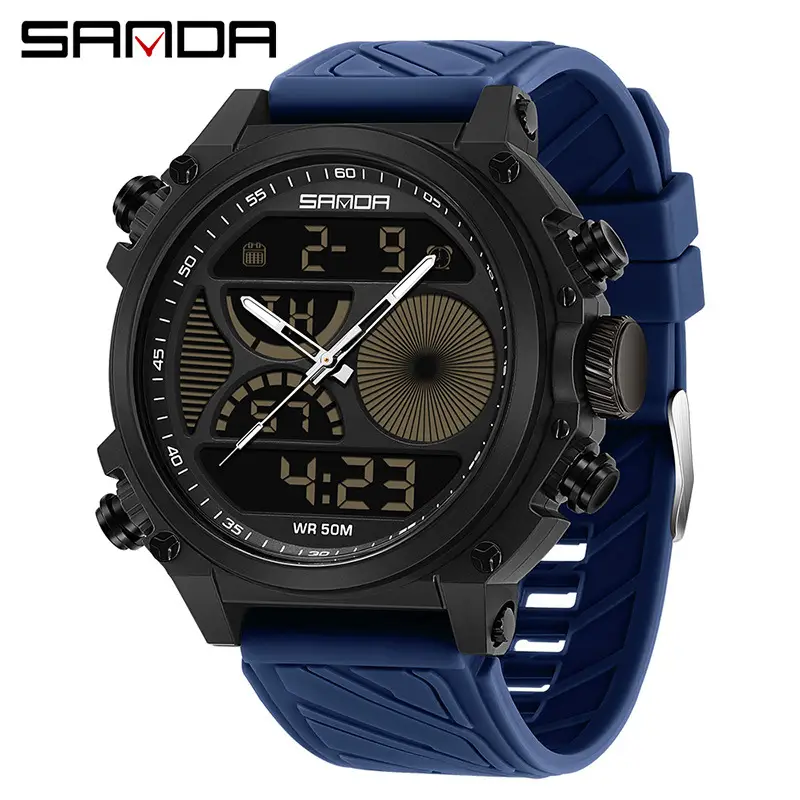 Sanda Dual-Display Waterproof Men's Watch Blue Green Black White Black Full Black