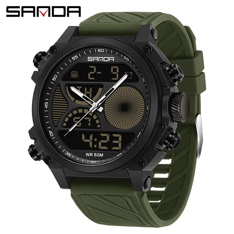 Sanda Dual-Display Waterproof Men's Watch Blue Green Black White Black Full Black