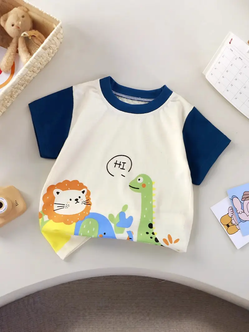 Children's Cartoon Printed Short Sleeve T-Shirt White Green - Image 6