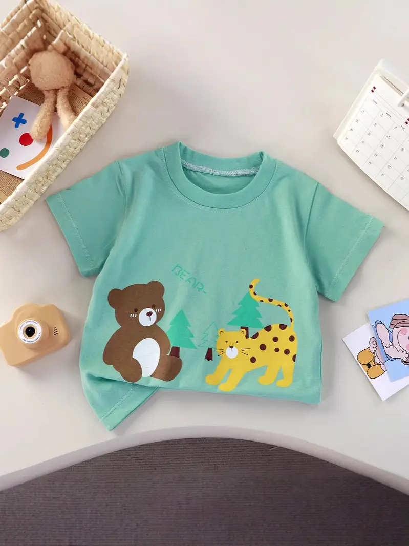 Children's Cartoon Printed Short Sleeve T-Shirt White Green - Image 7