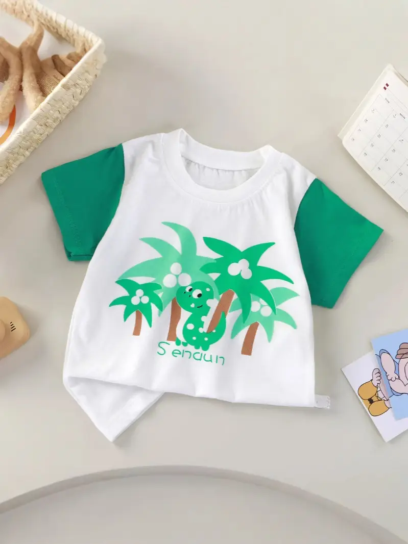 Children's Cartoon Printed Short Sleeve T-Shirt White Green - Image 9