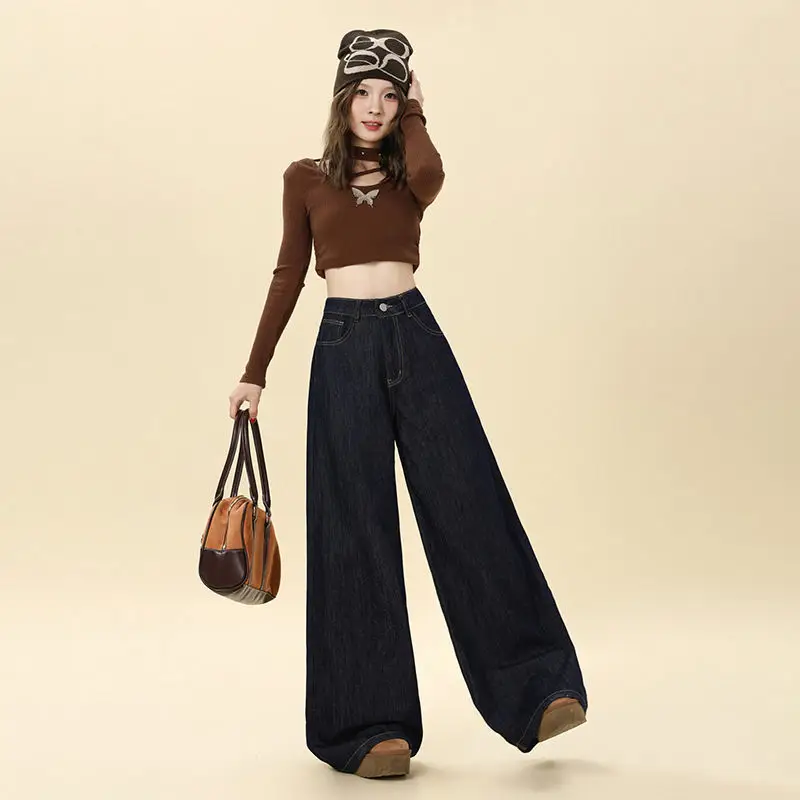 Dark Blue Hip-Covering Wide Leg Jeans 2025