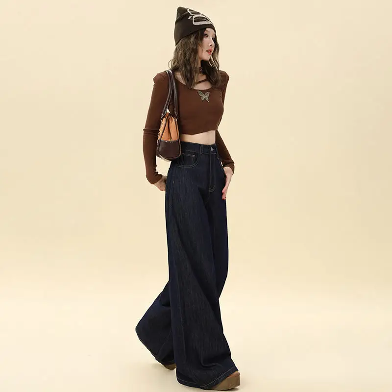 Dark Blue Hip-Covering Wide Leg Jeans 2025