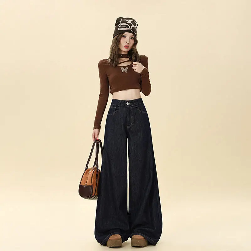 Dark Blue Hip-Covering Wide Leg Jeans 2025