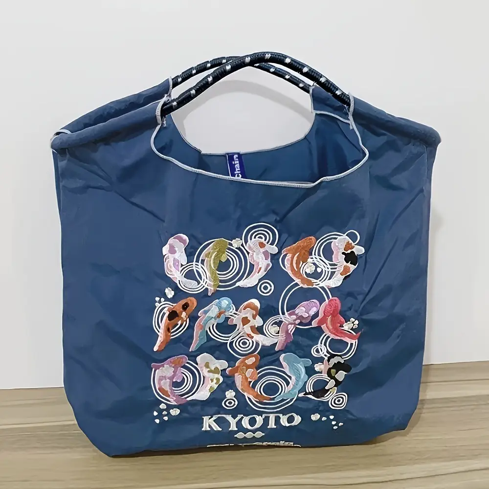 Japanese Koi Fish Embroidered Nylon Shoulder Bag Blue Pink - Image 11