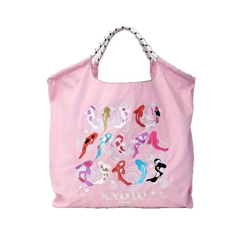 Japanese Koi Fish Embroidered Nylon Shoulder Bag Blue Pink - Image 12