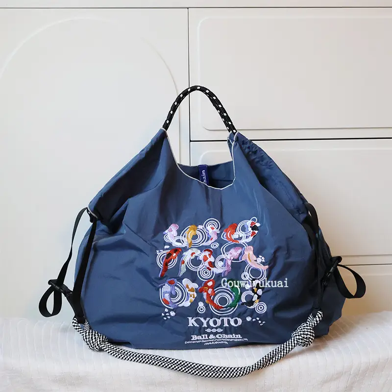 Japanese Koi Fish Embroidered Nylon Shoulder Bag Blue Pink — feature 13