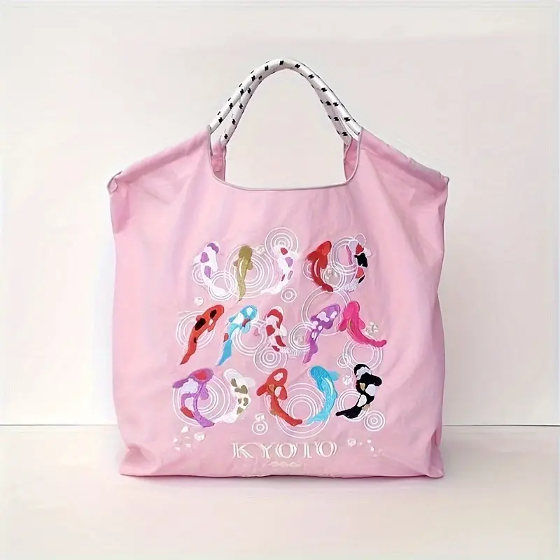 Japanese Koi Fish Embroidered Nylon Shoulder Bag Blue Pink — feature 14