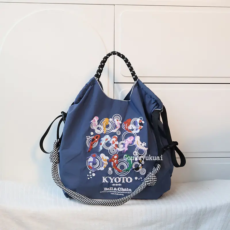 Japanese Koi Fish Embroidered Nylon Shoulder Bag Blue Pink - Image 2